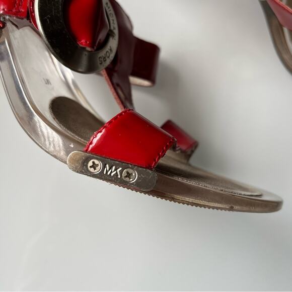 Michael Kors• Red Leather Sandals Platform Heels Silver Buckled Clear Heel - Picture 3 of 13